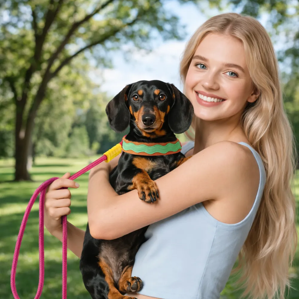 small dog wearing colorful dog harness and leash set outdoor walking comfortable anti choke harness