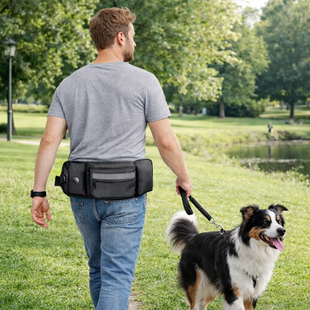 man walking dog in park using hands free dog training waist bag with leash
