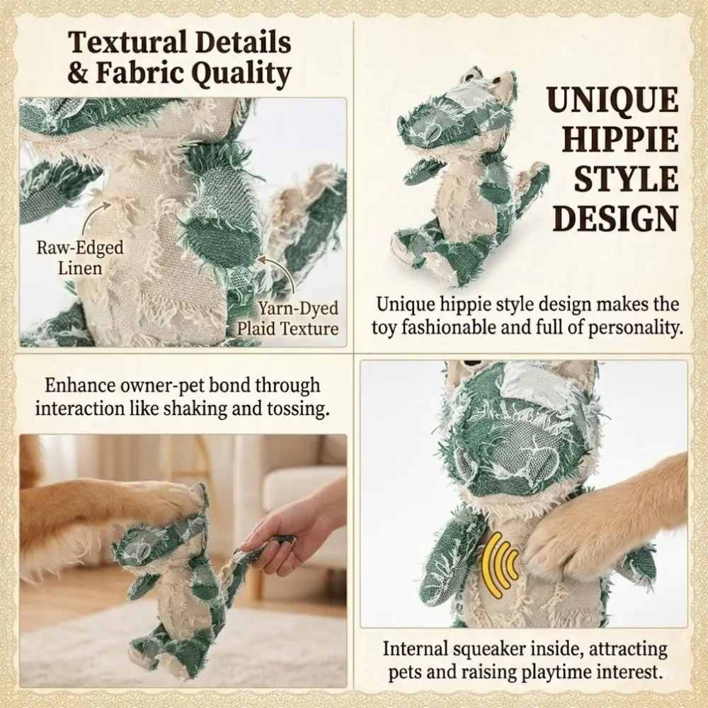 Infographic showing alligator dog toy features including internal squeaker raw edged linen and plaid texture.