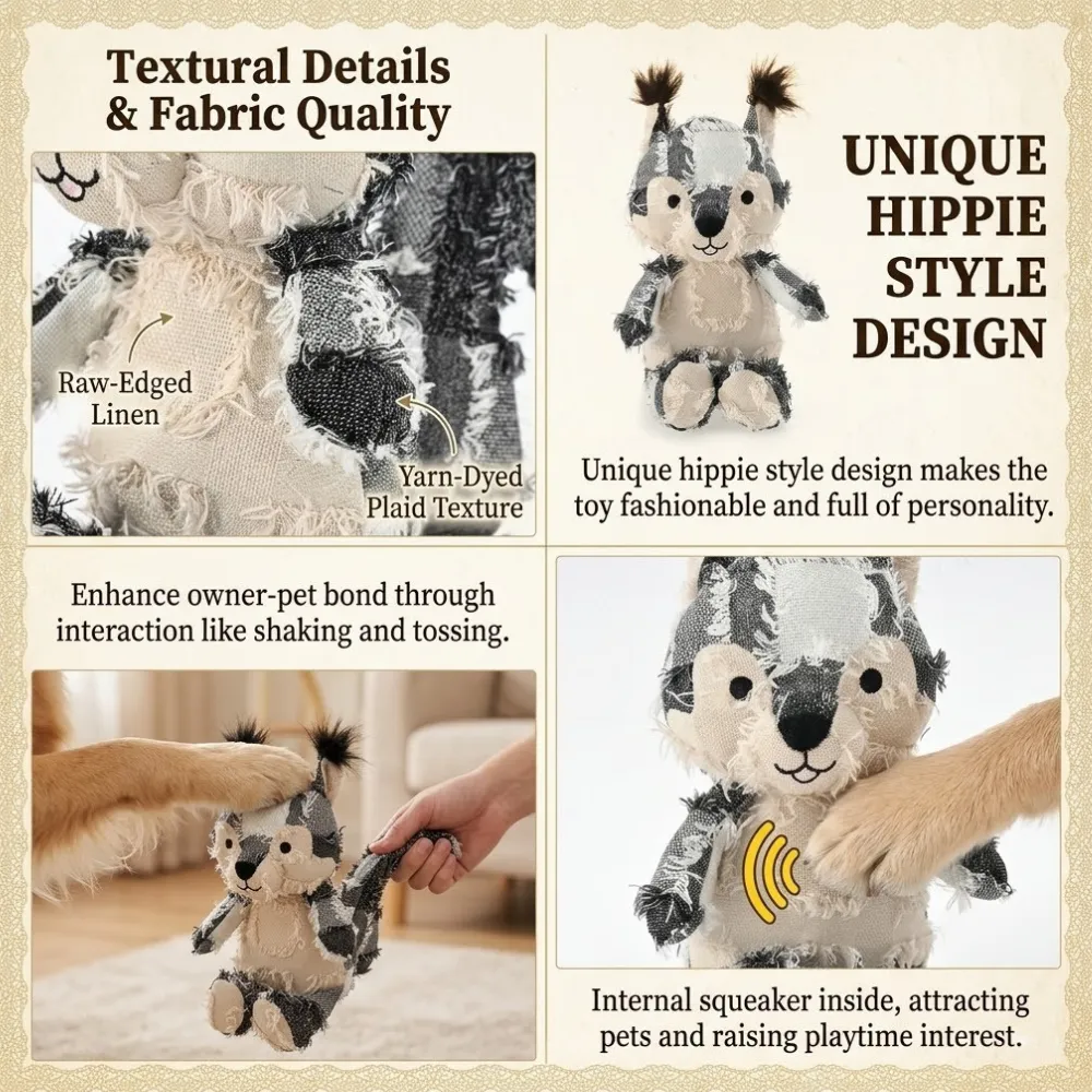 Infographic showing squirrel dog toy features including internal squeaker raw edged linen and plaid texture.