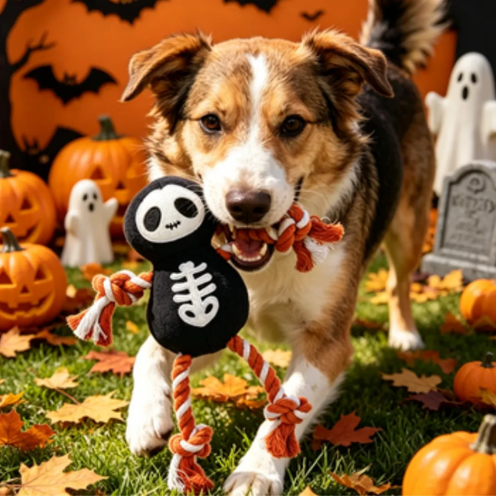 A happy Australian Shepherd dog, outdoors in a yard with scattered autumn leaves and small ghost figures, holds a black plush ghost rope chew toy in its mouth. The background features more pumpkins and a stylized haunted house cutout.