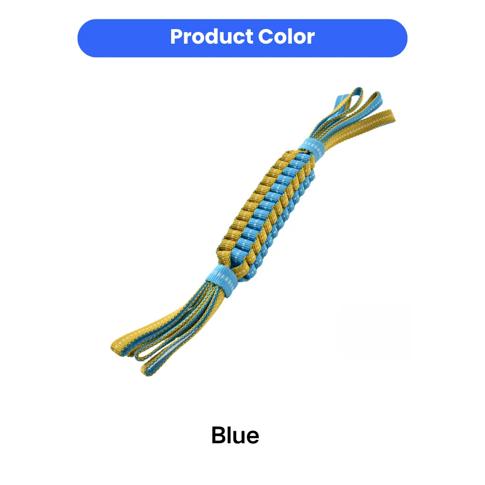 A high-quality braided polyester webbing dog toy in vibrant blue and yellow colors.