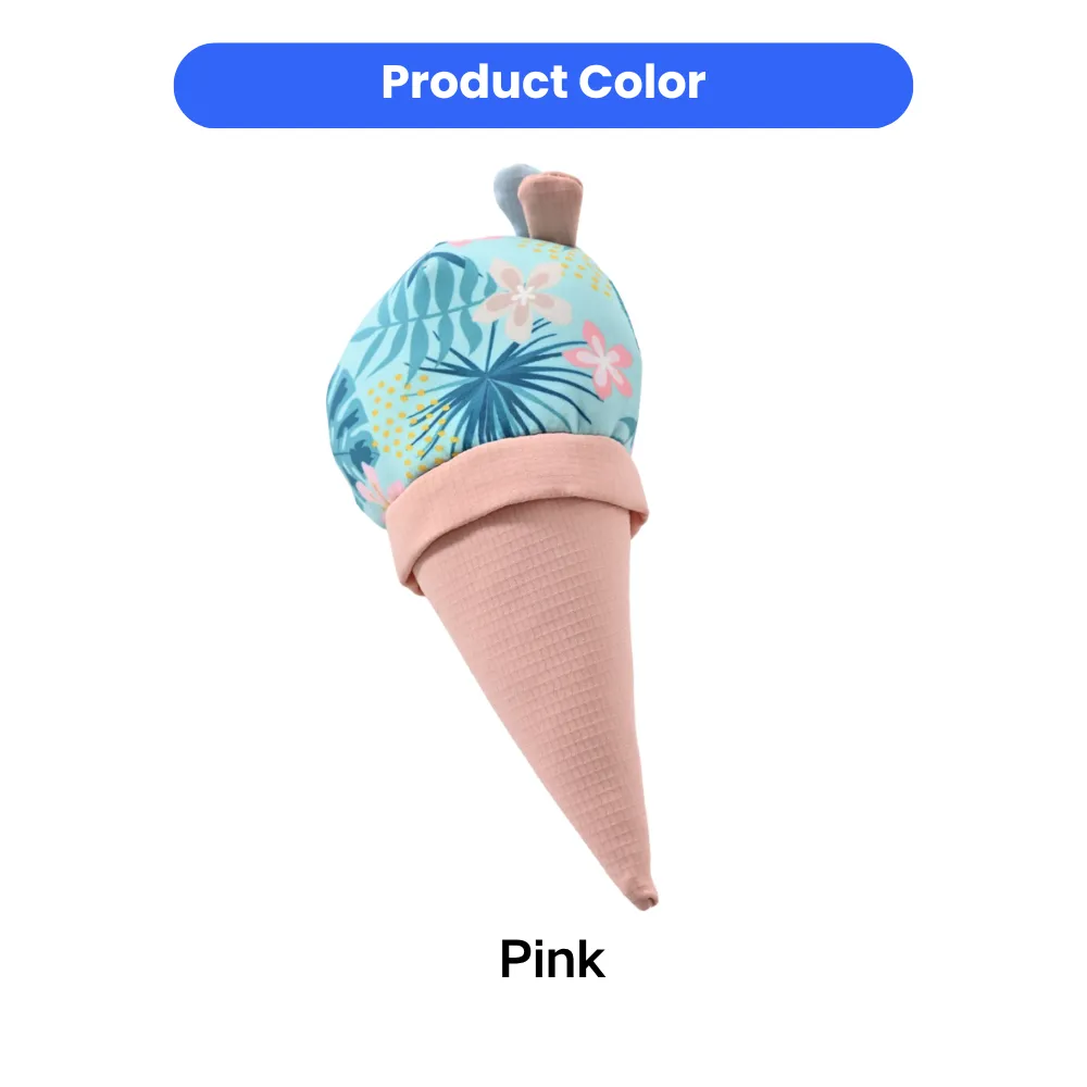 Product photo of the "Pink" color variant ice cream pet toy featuring tropical floral patterns and a waffle-textured cone.