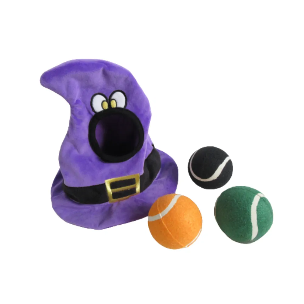 interactive dog toy set with plush witch hat and colorful tennis balls for dogs