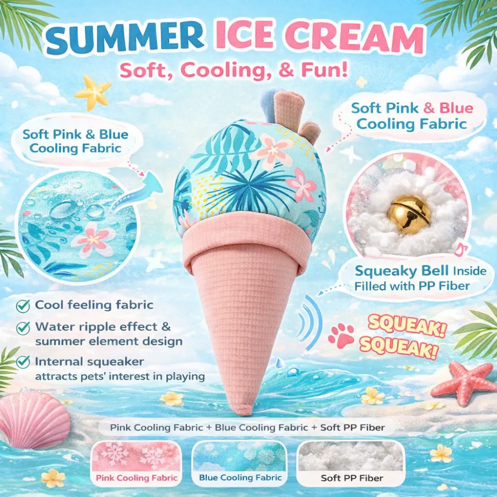 Infographic highlighting features: cooling fabric, water ripple design, internal squeaker, and soft PP fiber filling.