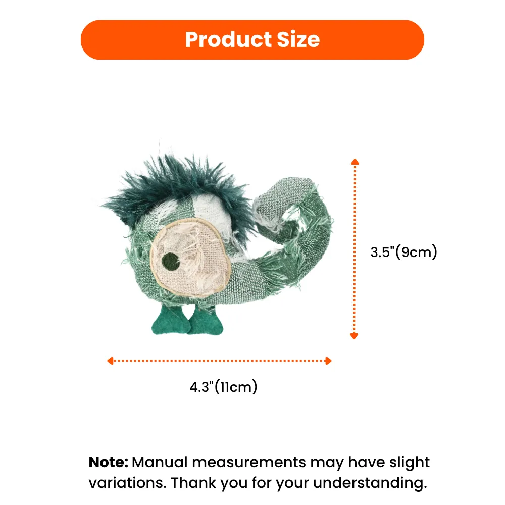 Size chart for petfairs chameleon cat toy showing a height of 3.5 inches and length of 4.3 inches.