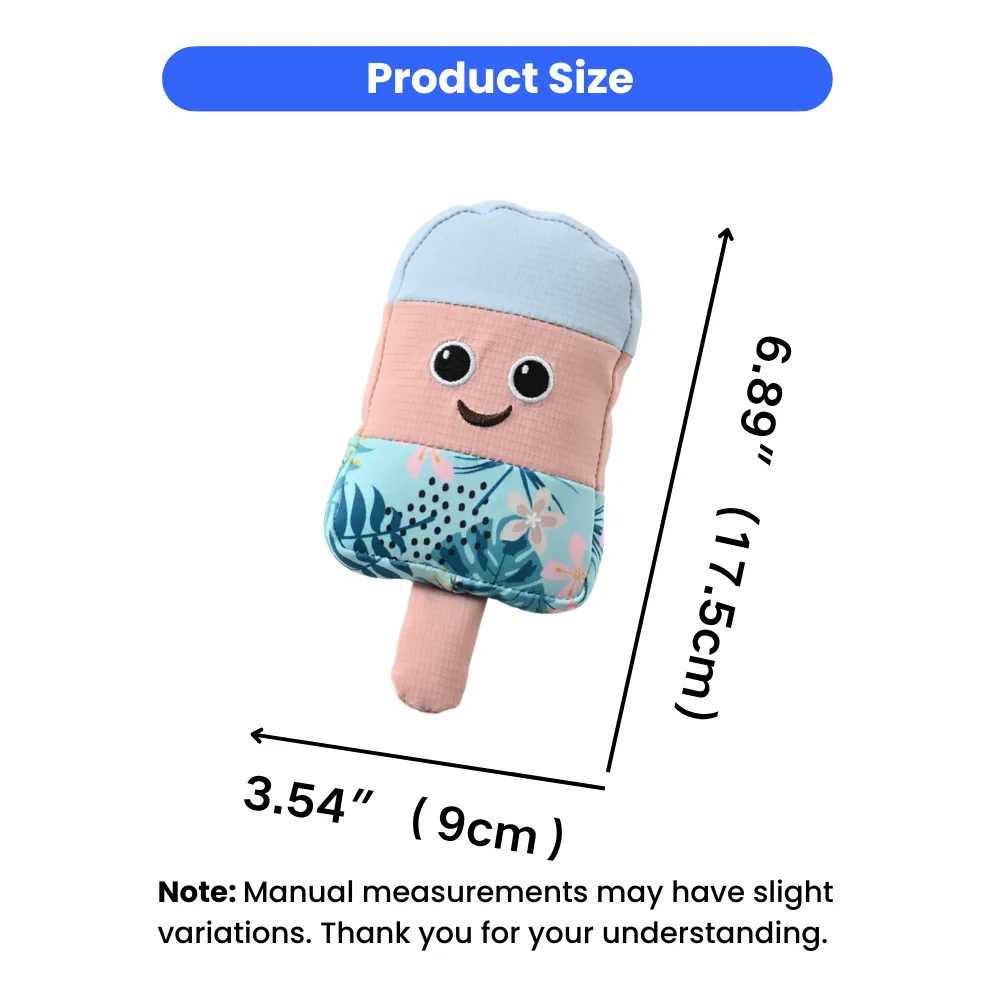Product dimensions for the ice pop dog toy showing a height of 6.89 inches (17.5cm) and width of 3.54 inches (9cm).