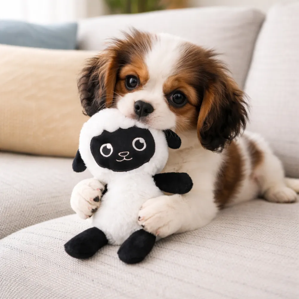 cute puppy playing plush sheep dog toy indoor sofa interactive pet toy