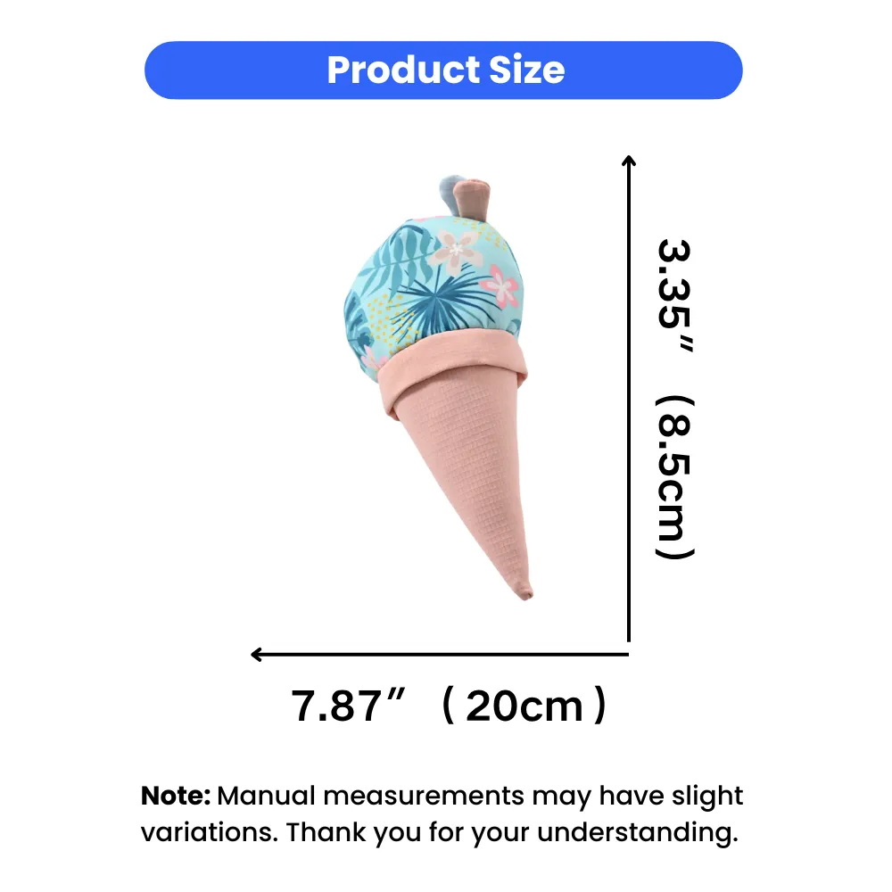Size chart showing the plush ice cream toy measures 7.87 inches (20cm) in length and 3.35 inches (8.5cm) in width.