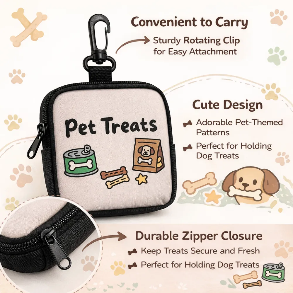 dog treat pouch durable zipper rotating clip portable pet snack storage bag features