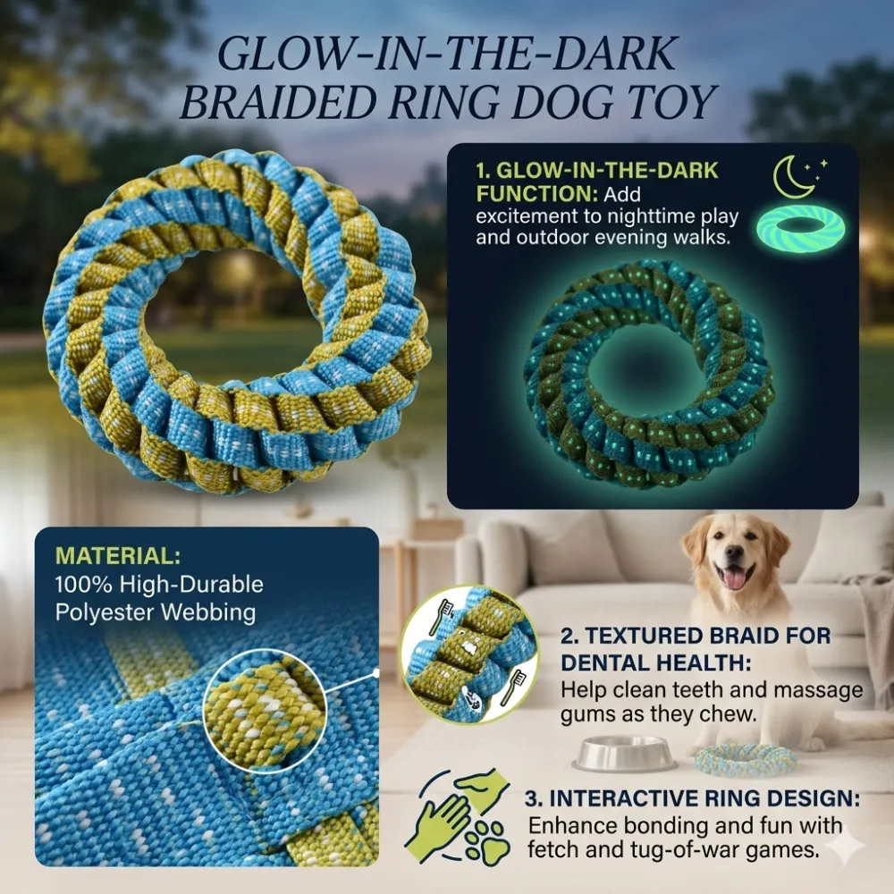 glow in the dark dog toy with braided texture for dental cleaning and interactive play