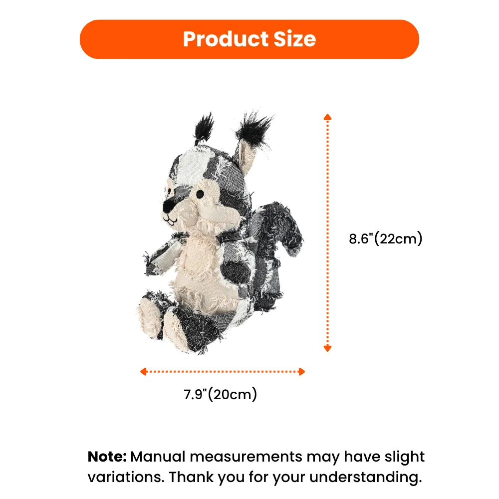Product size chart for squirrel dog toy showing 8.6 inches height and 7.9 inches width.