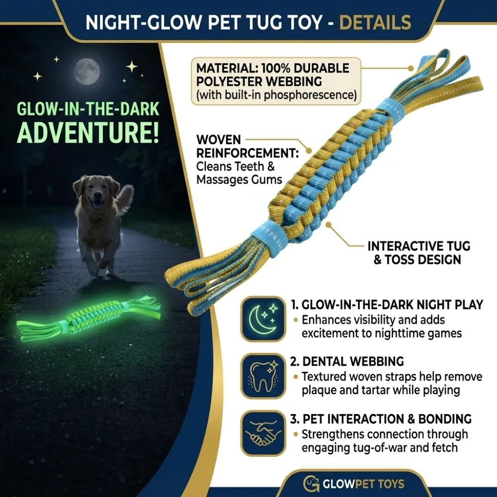 Infographic showing a glowing dog toy at night with features: Night play visibility, dental webbing for plaque removal, and bonding through interaction.
