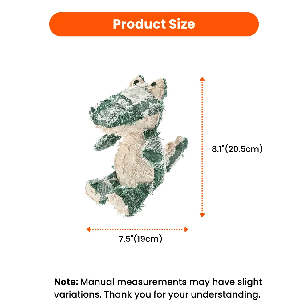 Product size chart for alligator dog toy showing 8.1 inches height and 7.5 inches width.
