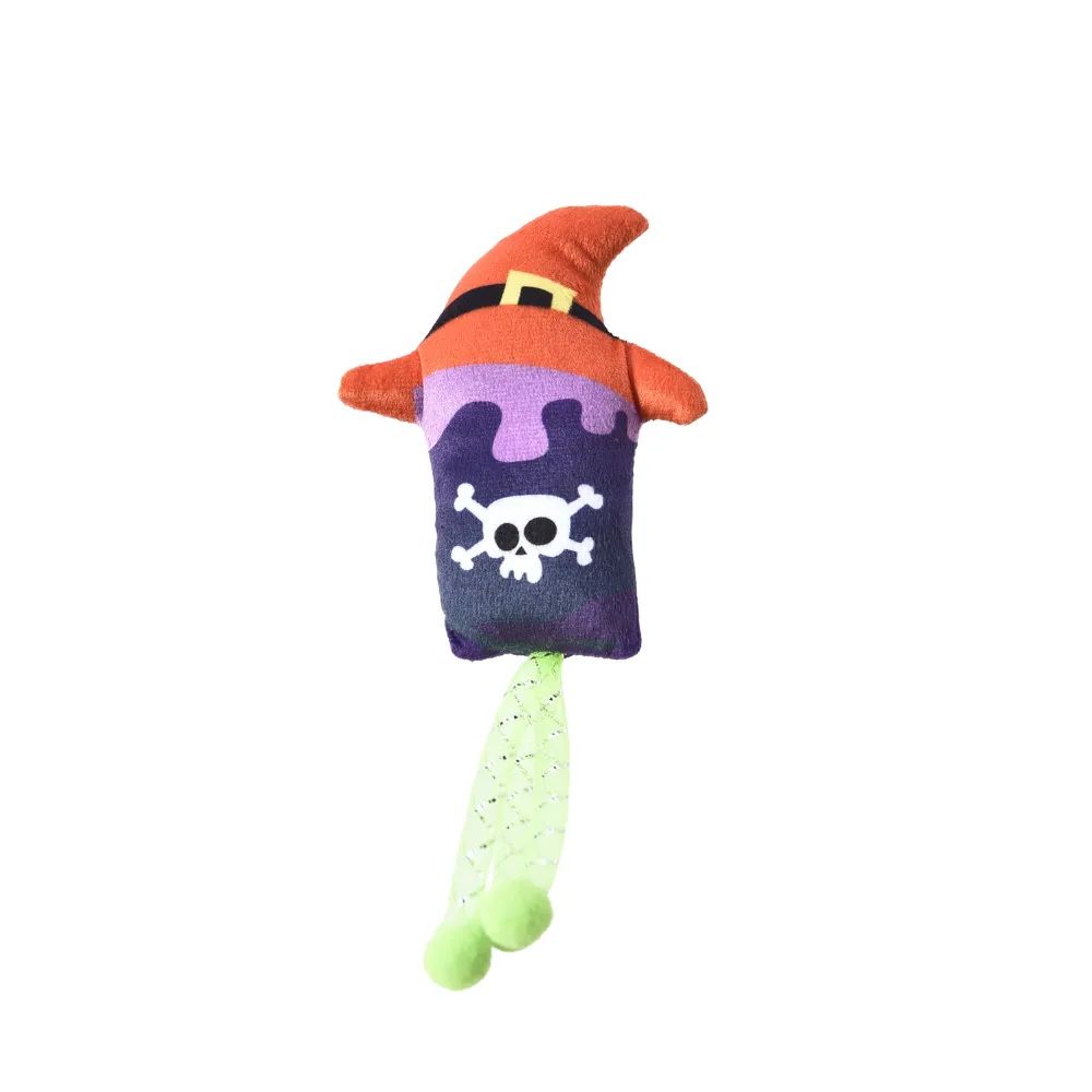 Halloween Pirate Witch Hat Plush for Cats Orange and purple witch hat cat toy with a skull and crossbones design and lime green dangling pom-pom ribbons.