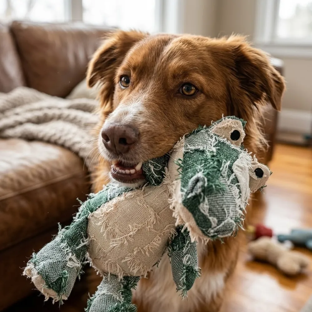 A brown dog holding the green alligator plush toy in its mouth to demonstrate interactive bonding and play.