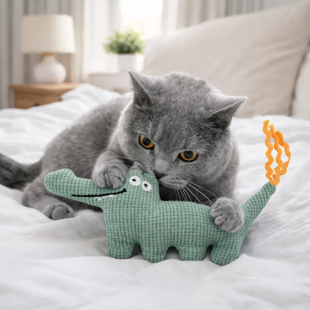 cat biting alligator catnip toy plush interactive toy for indoor cats soft fabric