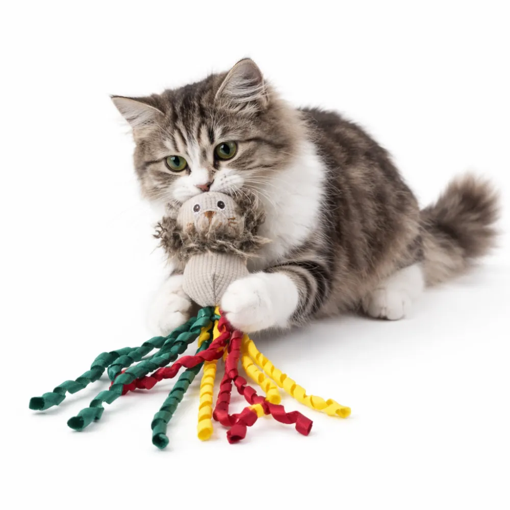 Interactive Lion Cat Toy with Cat Playing – Catnip Plush Toy Wholesale | Petfairs cat playing with lion cat toy with ribbons catnip plush interactive cat toy bulk