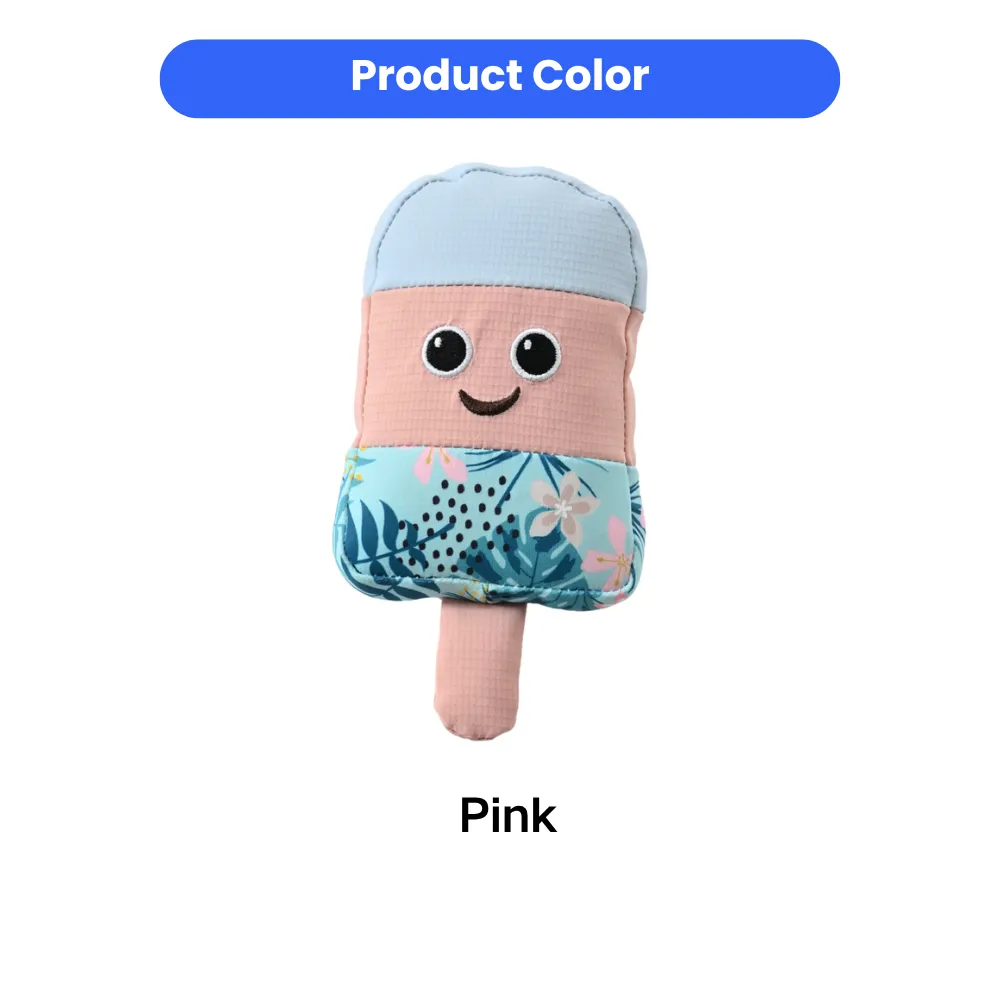 Front view of a pink ice pop-shaped dog toy with a smiling face and tropical leaf patterns.