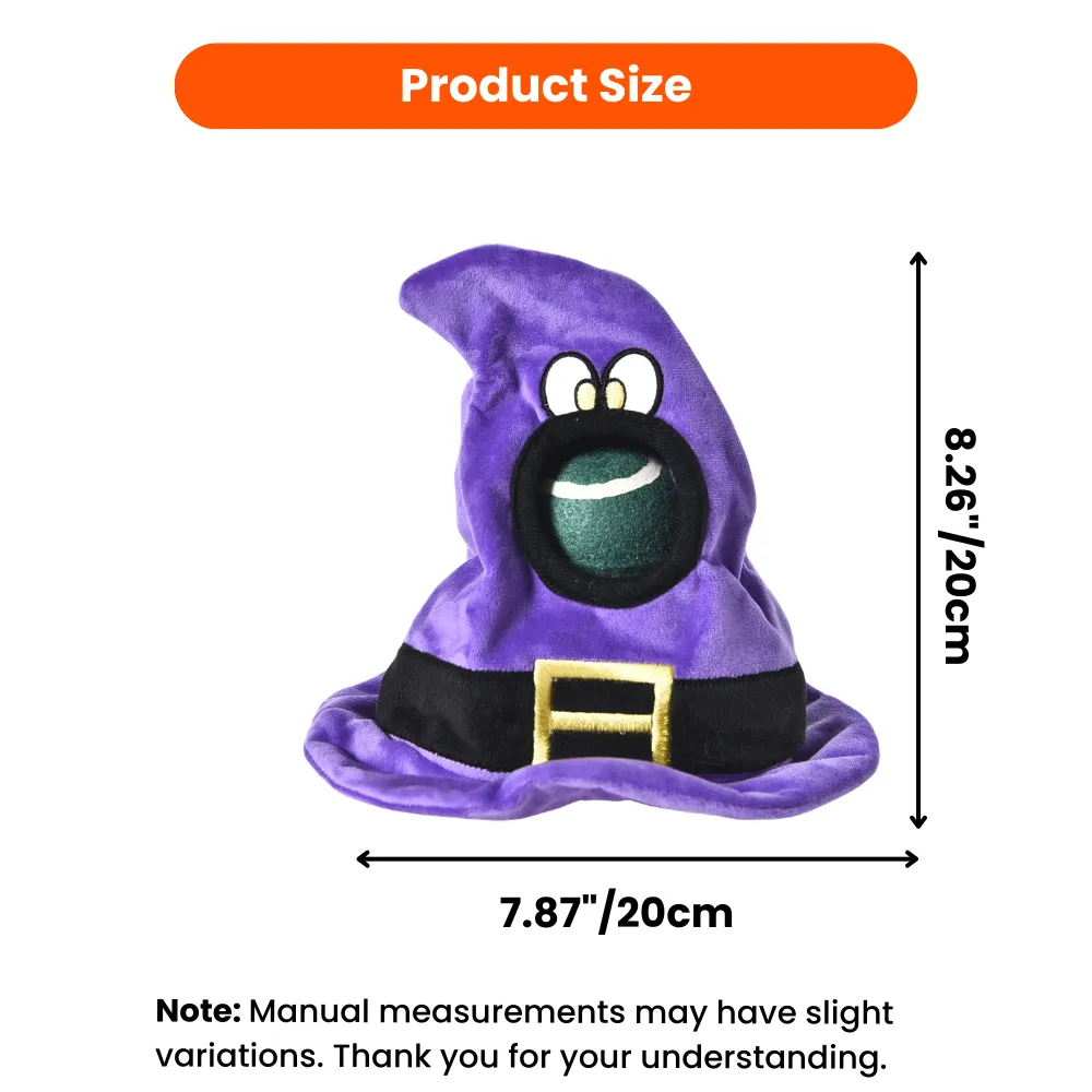 Halloween witch hat dog toy size 20cm plush interactive dog toy with built-in tennis ball