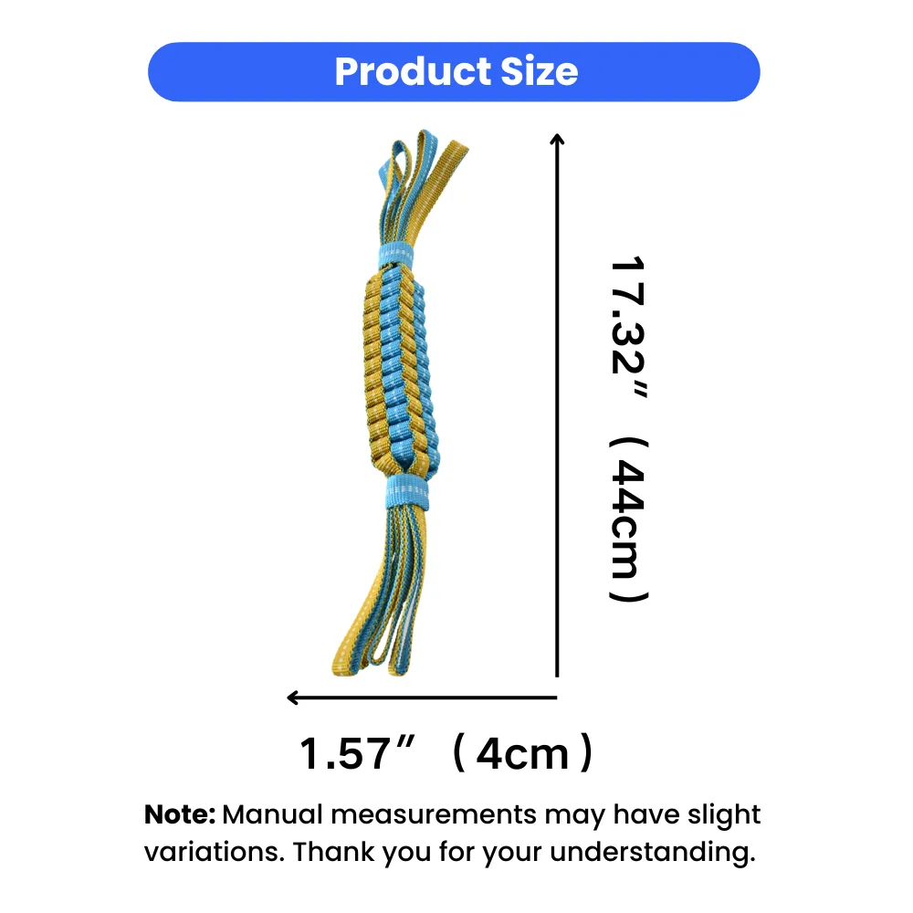 Product size chart showing the dog tug toy is 17.32 inches (44cm) long and 1.57 inches (4cm) wide.