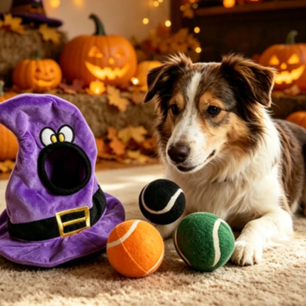 dog with halloween themed plush toy and tennis balls surrounded by pumpkin decorations