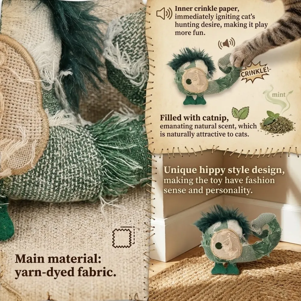 Infographic explaining petfairs chameleon toy features including yarn dyed fabric crinkle paper and natural catnip.