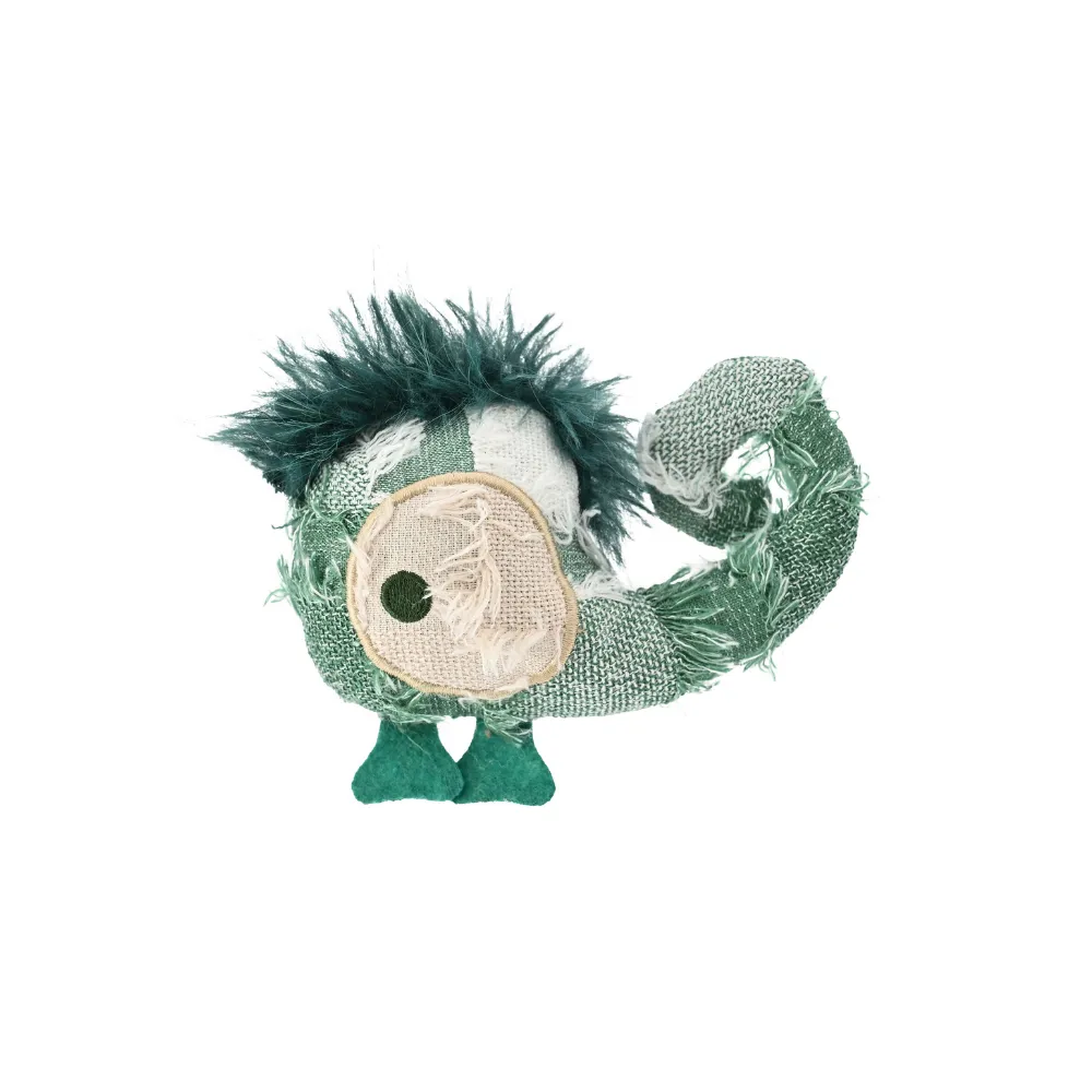 Green shaggy patchwork chameleon cat toy with yarn dyed fabric on a white background from petfairs.