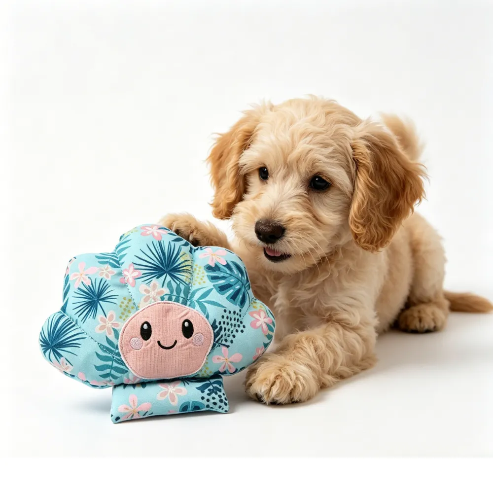 Scallop Dog Toy with Puppy Playing | Summer Squeaky Pet Toy puppy playing with scallop dog toy squeaky summer pet toy cute interactive dog toy