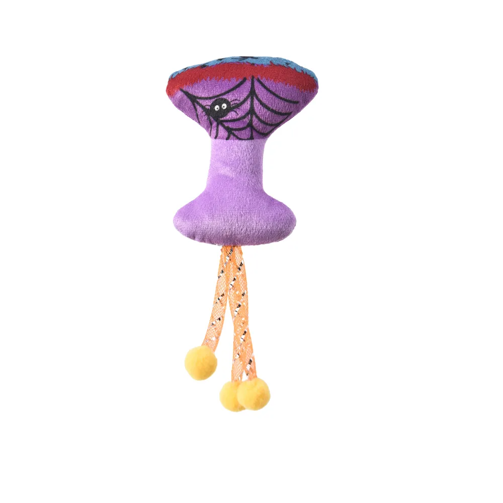 Spooky Spider Web Mushroom Catnip Toy Purple mushroom-shaped plush cat toy with a black spider and web embroidery, featuring orange dangling legs.