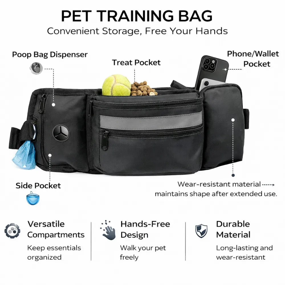 dog training bag with treat pocket poop bag dispenser phone pocket and side storage compartments