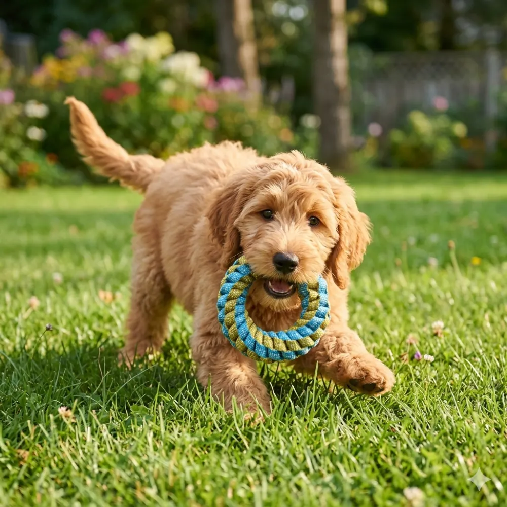 dog carrying braided ring toy in grass for outdoor fetch training and exercise