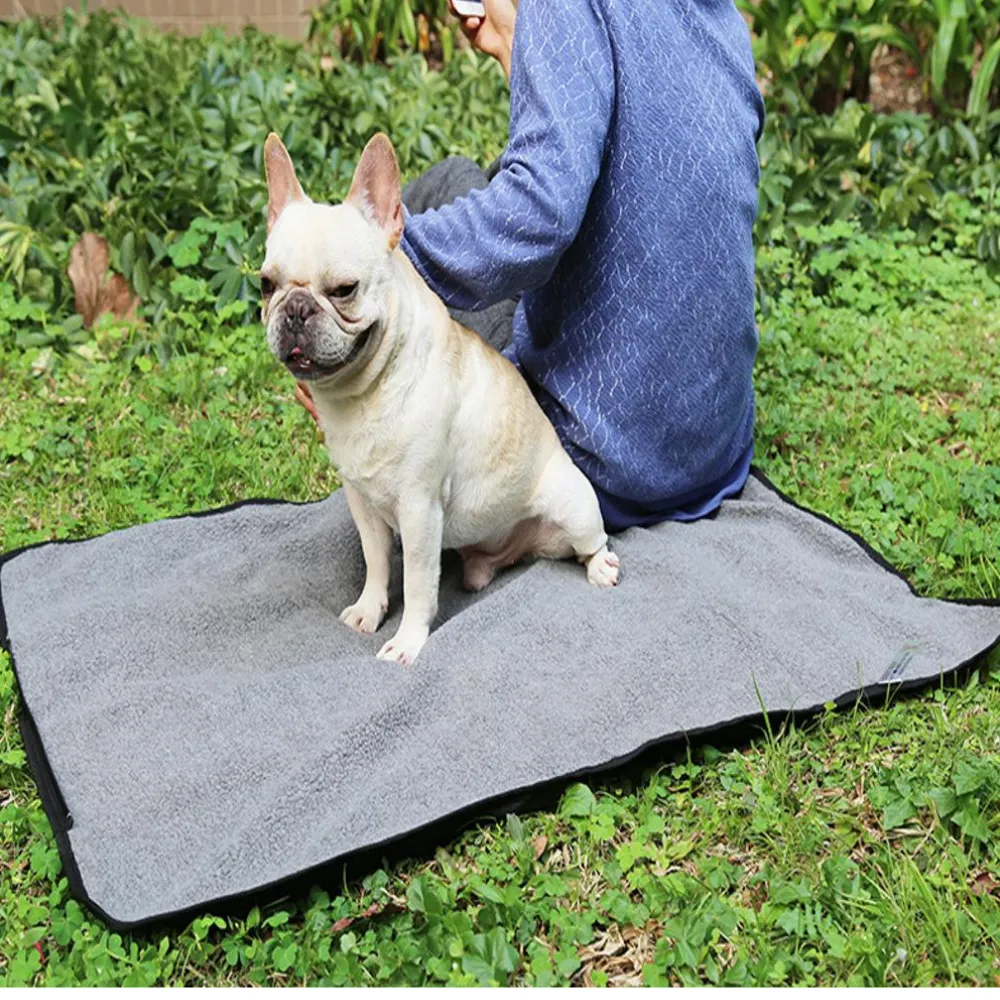 dog sitting on outdoor pet mat with owner portable foldable dog mat camping use
