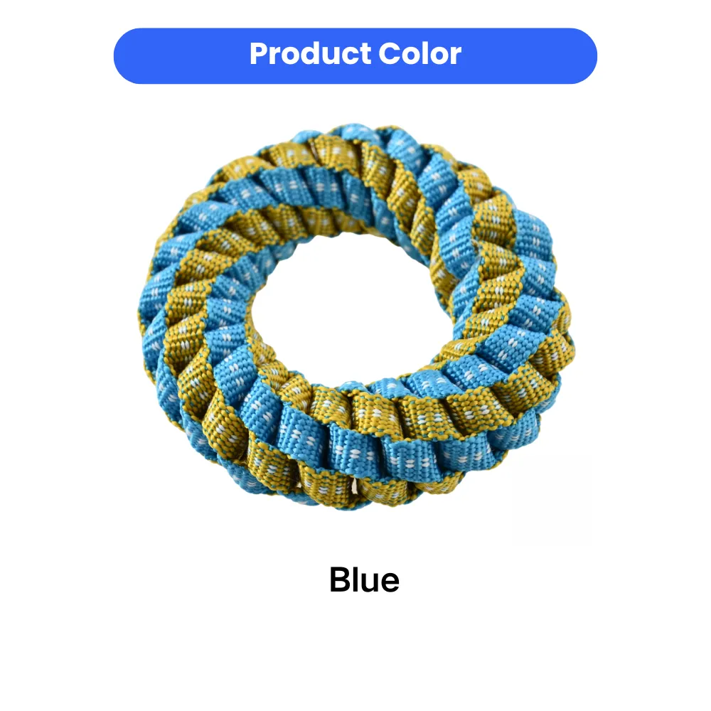 blue braided ring dog toy made of durable polyester webbing for aggressive chewers