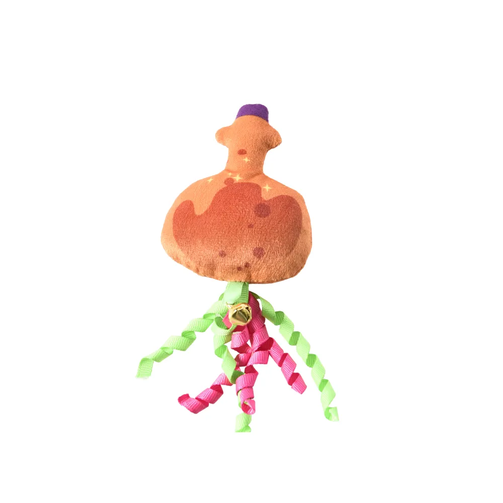 Orange Potion Cat Toy with Bell & Crinkle Ribbons Orange Halloween potion cat toy with soft plush body, bell accessory, and crinkle ribbon tails for sensory stimulation