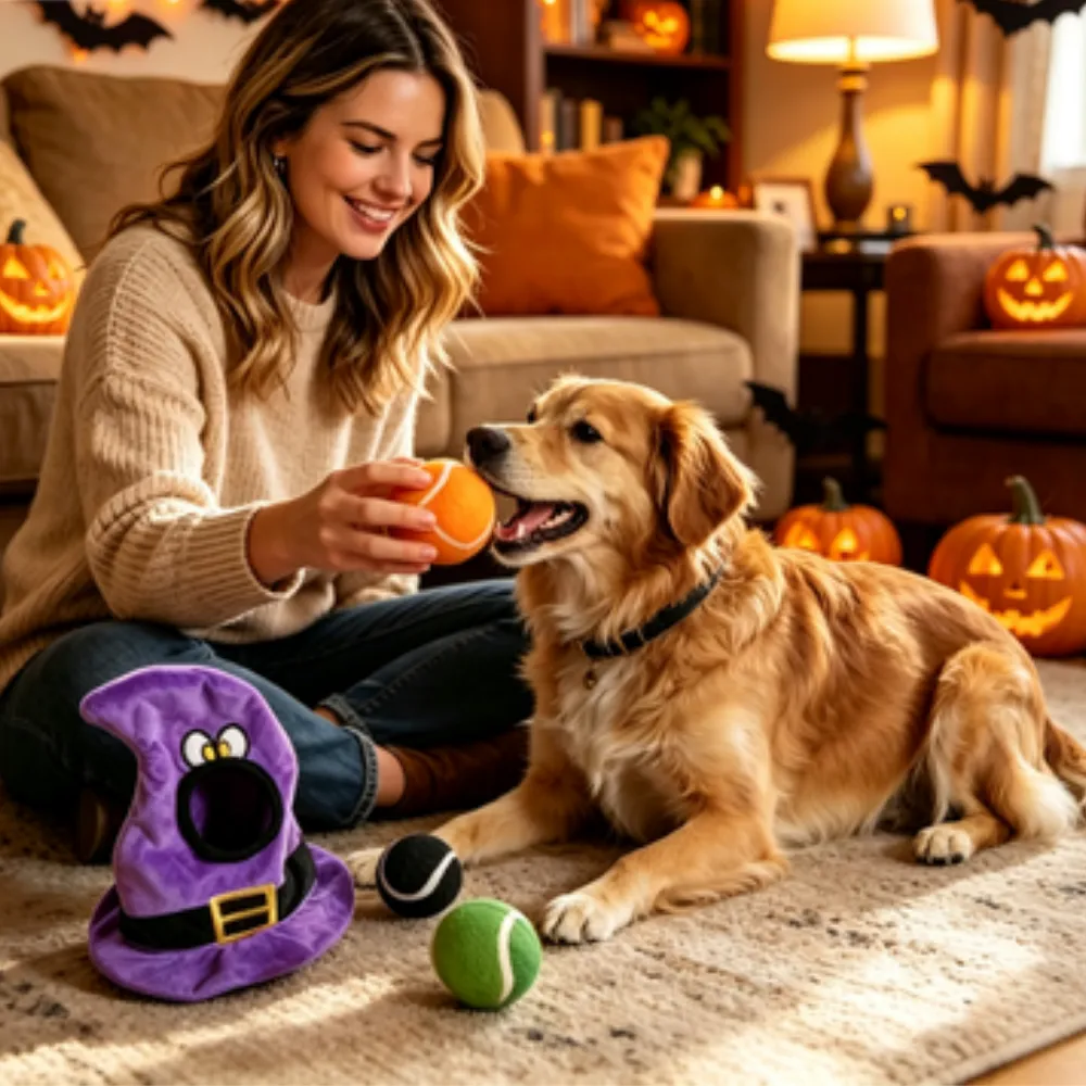 dog playing fetch with halloween plush toy and tennis ball in cozy home setting
