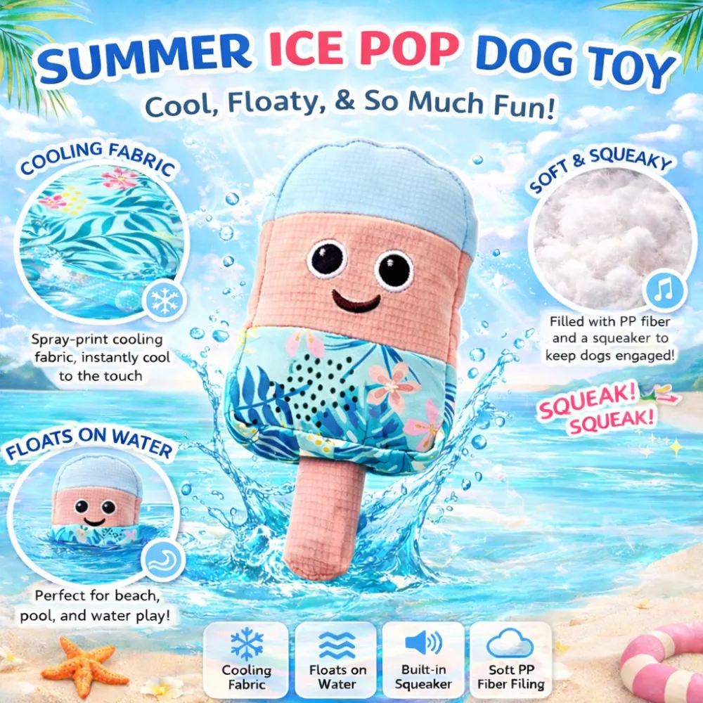 Infographic showing the dog toy's features: cooling fabric, floats on water, built-in squeaker, and soft PP fiber filling.