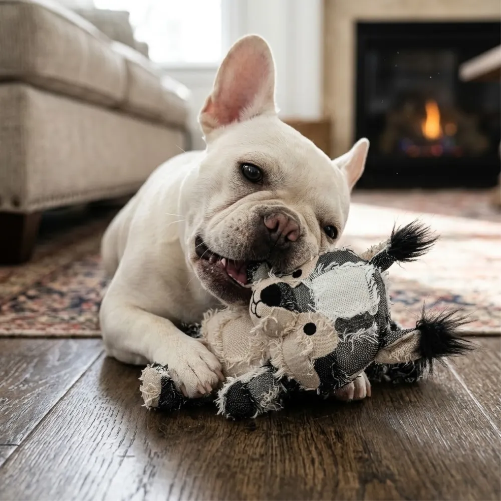 A French Bulldog holding the gray squirrel plush toy in its mouth to demonstrate interactive bonding and play.
