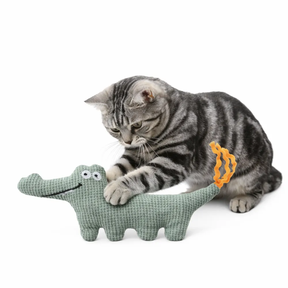 cat playing with green alligator cat toy plush catnip toy for cats interactive pet toy