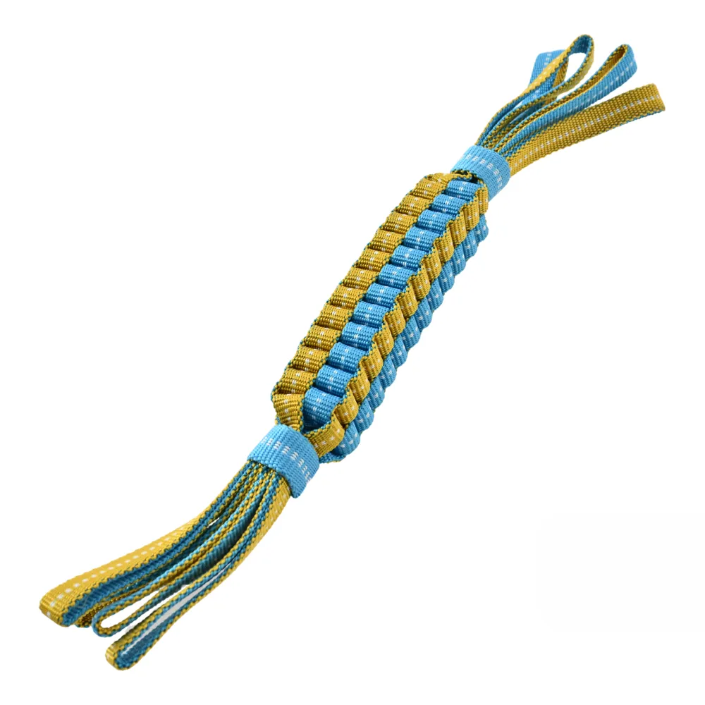 A professional studio shot of a blue and yellow braided pet toy made from 100% durable polyester webbing.