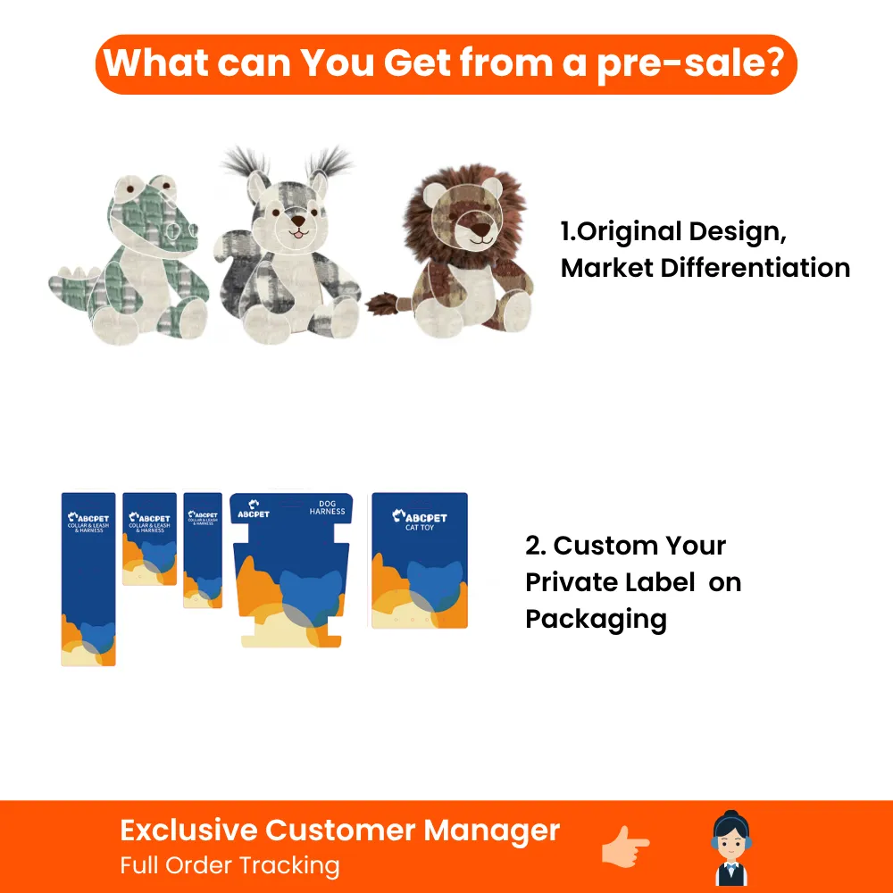 Graphic showing pre sale benefits including original design and custom private label packaging for pet wholesalers.