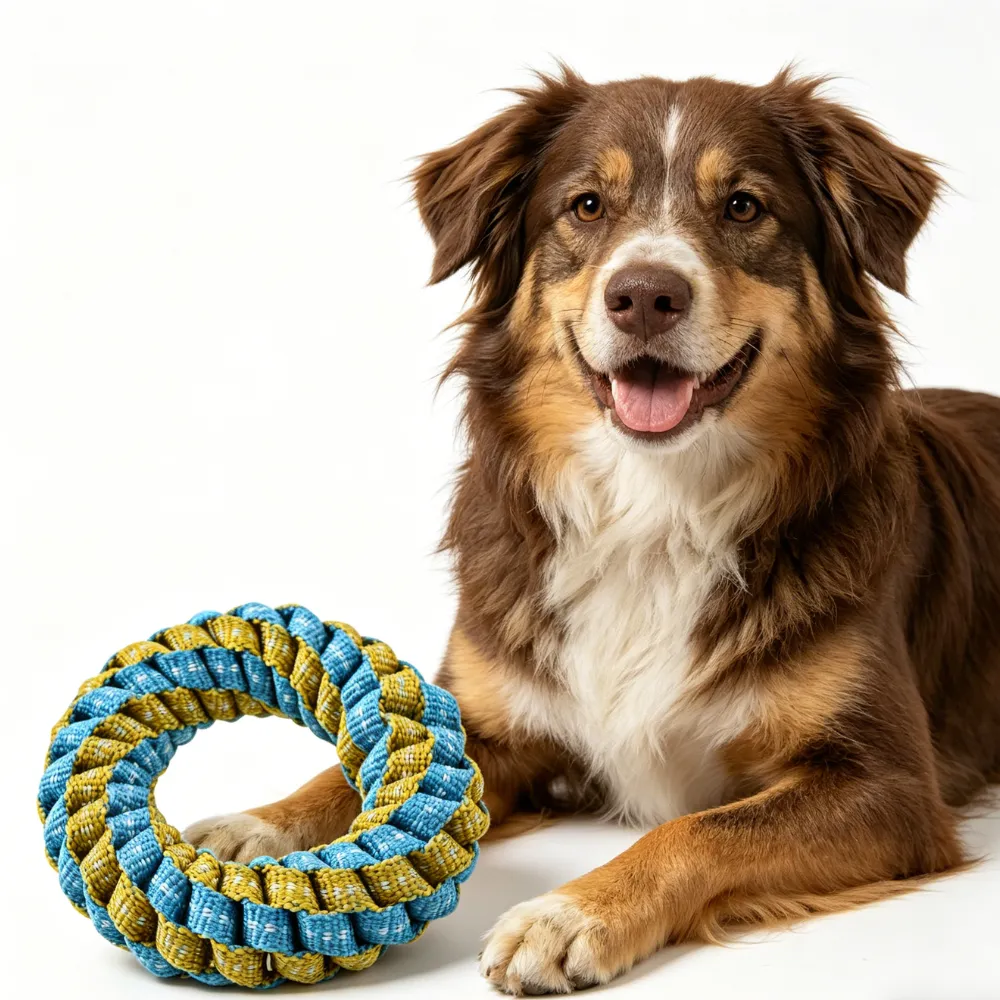 dog playing with glow in the dark braided ring toy for chewing and interactive training