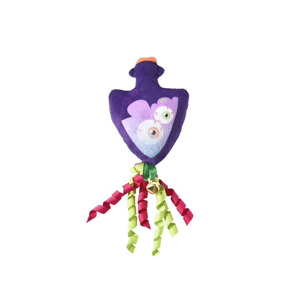 Eyeball Halloween Catnip Toy with Ribbon Tail Purple Halloween cat toy with eyeball design, colorful ribbon tails, and bell for interactive play and cat enrichment