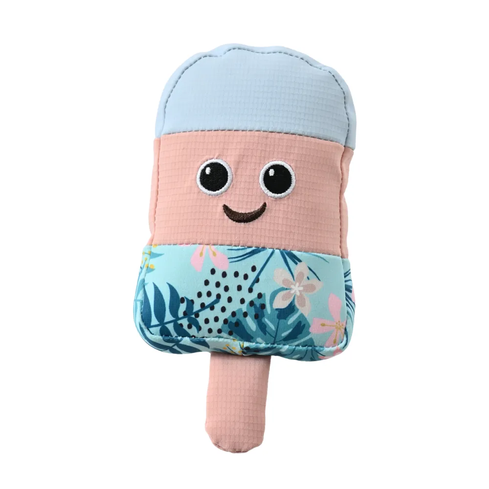 High-resolution isolated shot of the summer-themed ice pop dog toy with tropical floral patterns and blue accents.