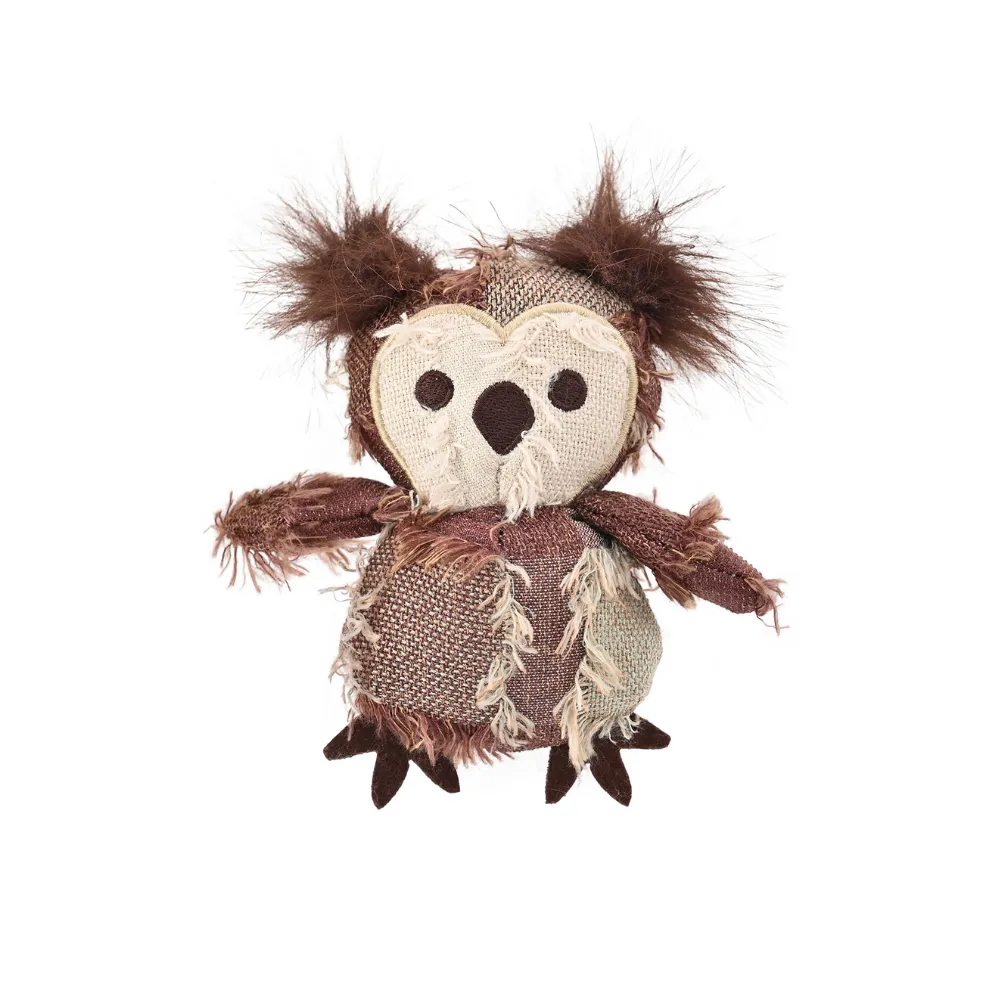 Hippie Owl Shaggy Patchwork Catnip Toy Shaggy patchwork owl catnip toy with brown textured fabric from petfairs.
