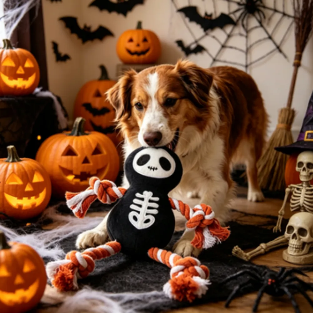 An Australian Shepherd dog, in an indoor Halloween-decorated room with jack-o'-lanterns and cobwebs, holds a black plush skeleton rope chew toy in its mouth.