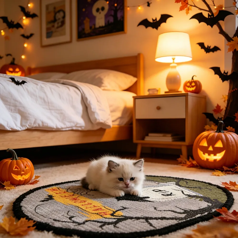 A white kitten sitting on the Halloween scratching mat in a bedroom decorated with pumpkins, bats, and warm lights.