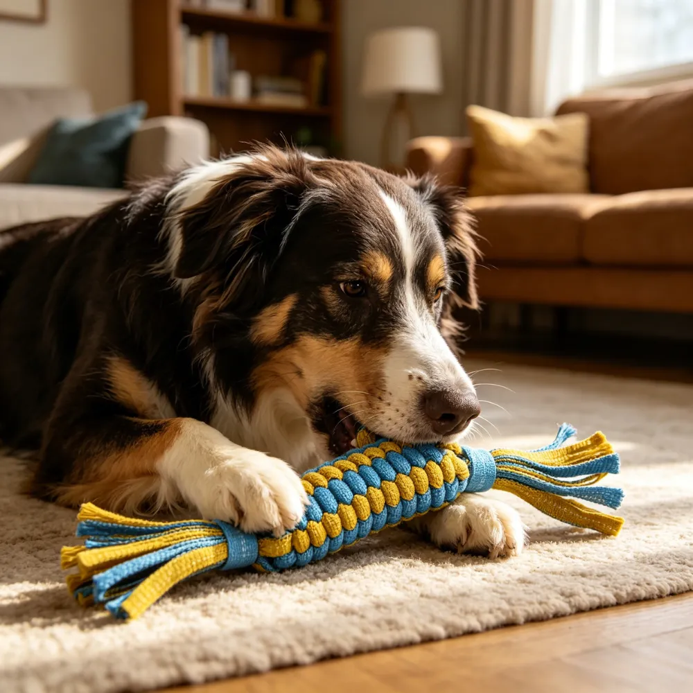 An Australian Shepherd lying on a rug indoors, playing with a blue and yellow braided dental toy.