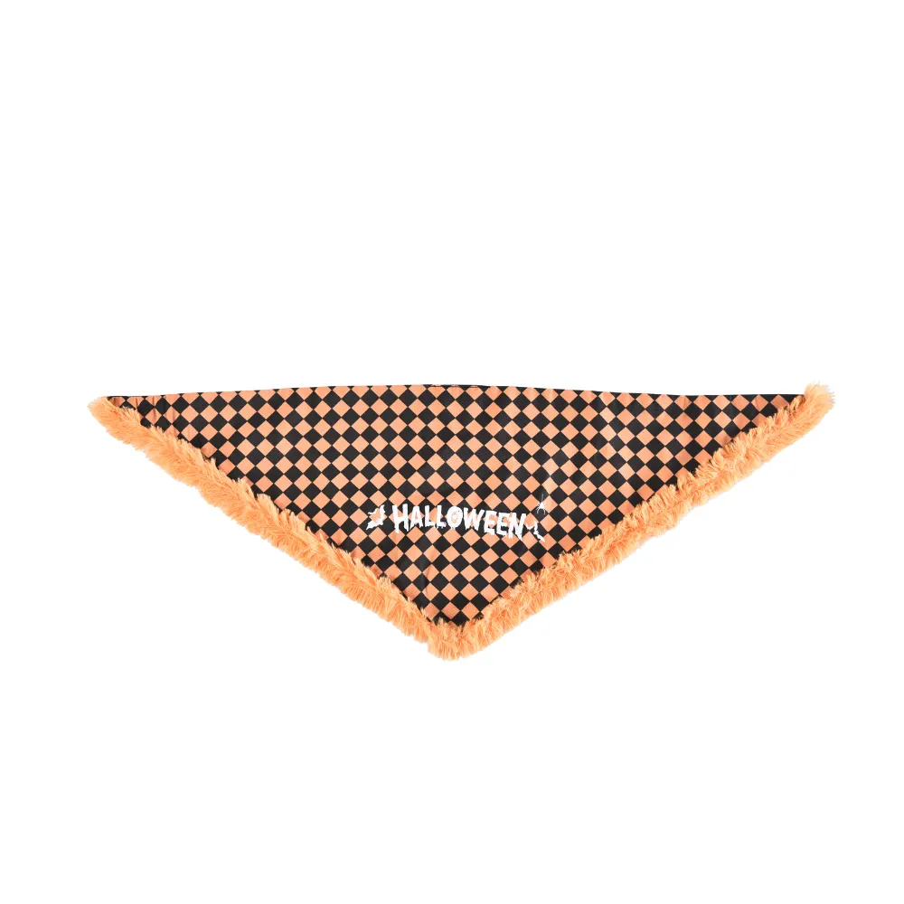 halloween pet bandana flat lay orange black checkered dog scarf fuzzy edge