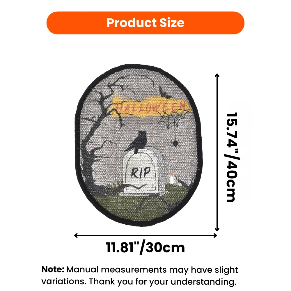 Infographic showing the dimensions of the Halloween cat mat: 15.74 inches (40cm) in height and 11.81 inches (30cm) in width.